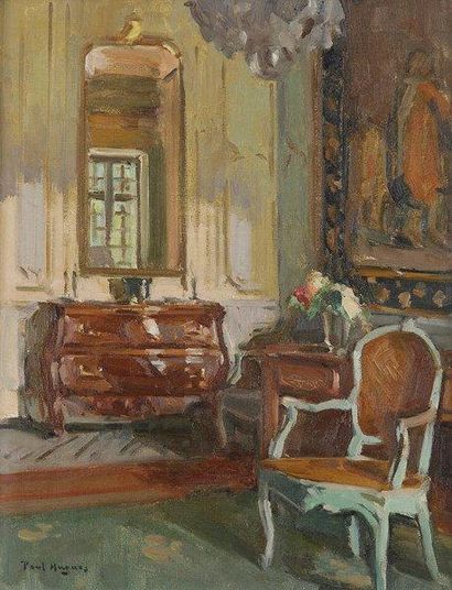Paul Jean HUGUES (1891-1950) Intérieur au fauteuil vert Huile sur toile. Signée en...