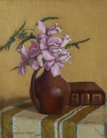 Charles LACOSTE (1870-1959) Orchidées, 1908 Huile sur toile montée sur carton. Signée...
