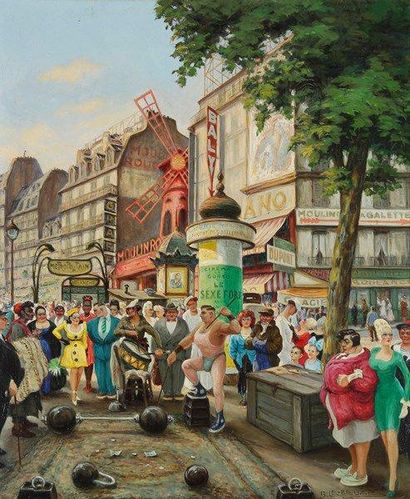 Gaston LE BEUZE (XXe siècle) Paris, le Moulin Rouge et la place Blanche, 1952 Huile...