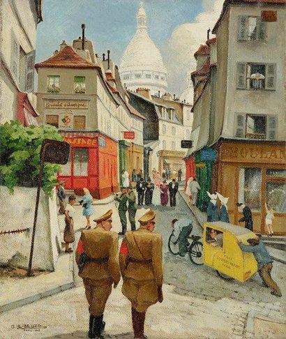 Gaston LE BEUZE (XXe siècle) Paris, le Rue Norvins et le Sacré-Coeur, 1942 Huile...