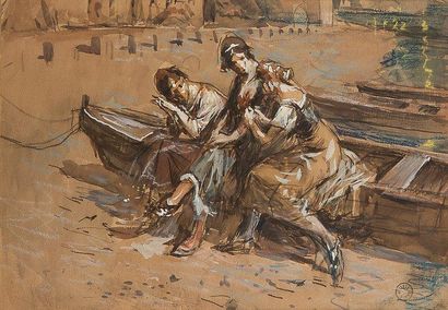 Paul LIPPE (1866-1926) Les Femmes à la barque Aquarelle et gouache. Porte le cachet...