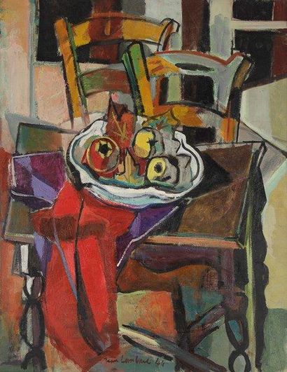 Jean LOMBARD (1895-1983) Composition aux chaises et coupe de fruits, 1944 Huile sur...