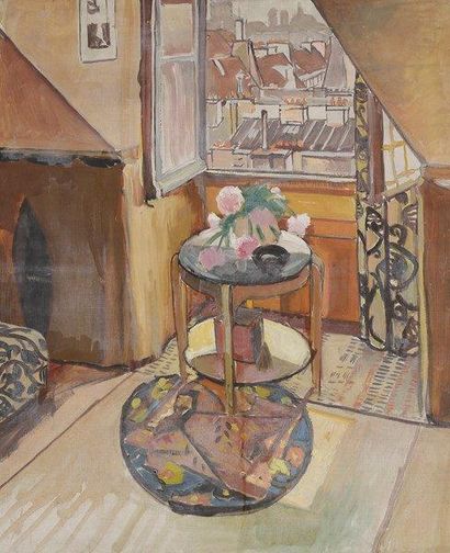 Jean LOMBARD (1895-1983) Paris, Guéridon et fenêtre ouverte sur les toits Huile sur...