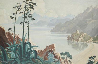 Raoul AUGER (XXe siècle) Corse, Le Golf de Porto, 1938 Huile sur toile. Signée, datée...