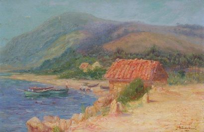 Jules RIBEAUCOURT (1866-1932) Bord de mer animé, 1901 Huile sur toile. Signée et...
