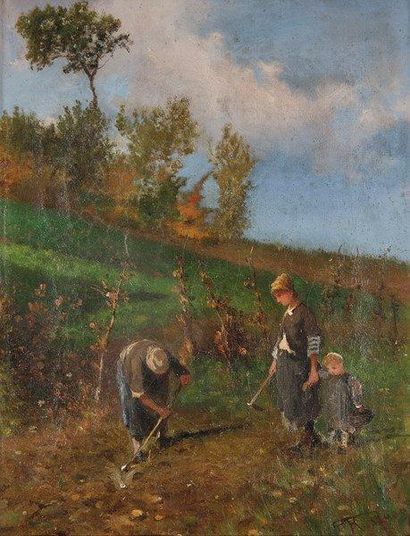 Federico ROSSANO [italien] (1835-1912) Famille au jardin Huile sur toile. Signée...