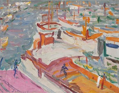 Emile SABOURAUD (1900-1996) Péniches à quai Huile sur toile. Signée en bas à gauche....
