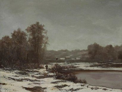 R. T. STUART (XIXe-XXe siècle) Bord de rivière enneigé Huile sur toile. Signée en...