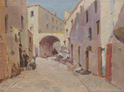 Remy E. LANDEAU (1859-1934) Corse, vieille rue à l'Ile Rousse Huile sur panneau....