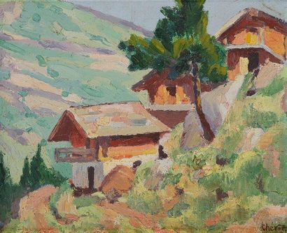 Gaston THEVOZ (1902-1948) Chalets en montagne Huile sur toile. Signée en bas à droite....