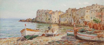 Olynthe MADRIGALI (1887-1950) Corse, vue du port d'Erbalunga, Cap Corse Huile sur...