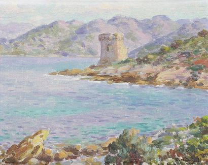 Olynthe MADRIGALI (1887-1950) La Tour de Farinole, Cap Corse Huile sur panneau. Signée...