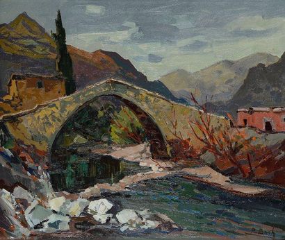 PIERRE BACH (1906-1971) Corse, Pont génois Huile sur toile. Signée en bas à droite....