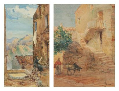 Louis PENICAUT (XIXe-XXe siècle) La Muletière - La Fileuse 2 aquarelles. Signées...