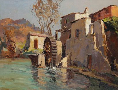 PIERRE BACH (1906-1971) Moulin en Corse Huile sur toile. Signée en bas à droite....