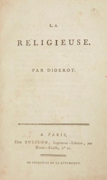 DIDEROT (Denis) La Religieuse. Paris: Buisson, an cinquième de la république (1796)....
