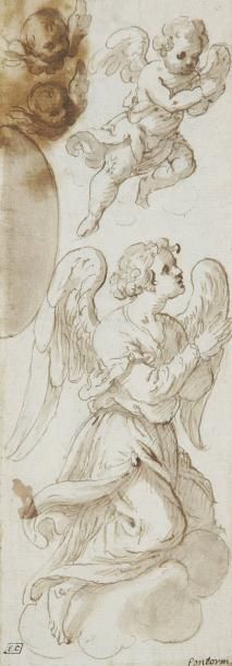 École VÉNITIENNE du XVIe siècle Deux anges et deux amours Plume et encre brune, lavis...