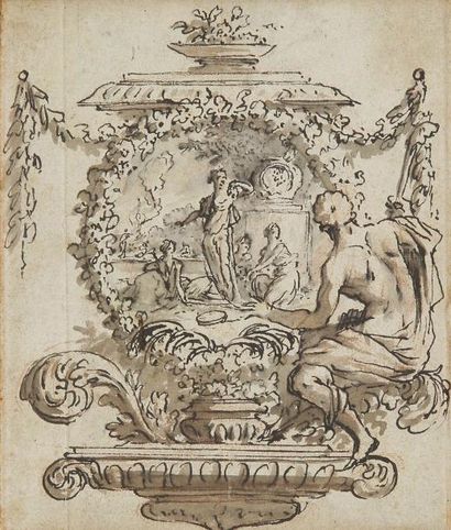 Attribué à Jean LEPAUTRE (1618-1682) Scène galante dans un encadrement de guirlande...