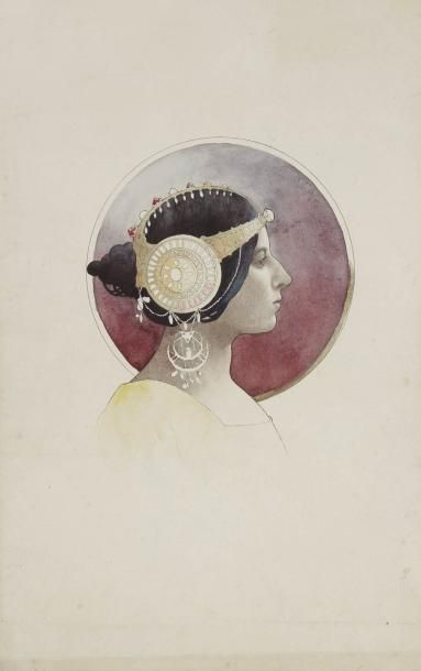 ÉCOLE TCHÈQUE Tête de femme en profil dans un médaillon vers 1900 Aquarelle, traits...