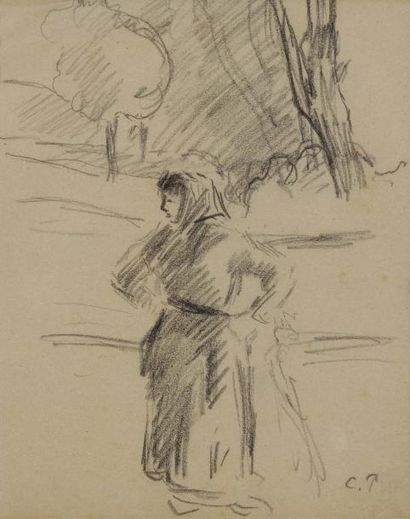 Camille PISSARRO (1830-1903) Femme au fichu, mains à la hanche, dans un paysage Dessin...