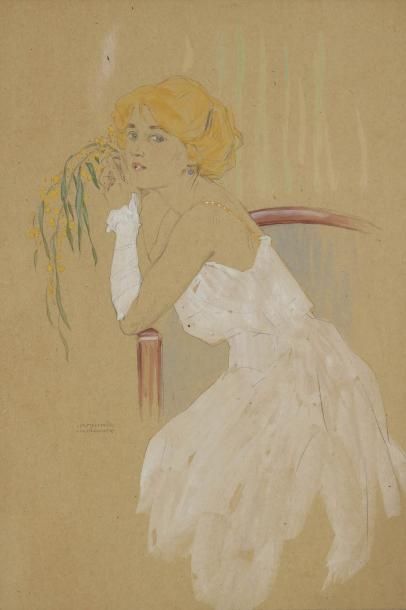 Raphaël KIRCHNER (1876-1917) Jeune femme de profil sur un fauteuil, à la branche...