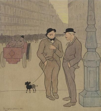 Leonetto CAPPIELLO (1875-1942) Deux hommes en conversation dans la rue, l'un tenant...