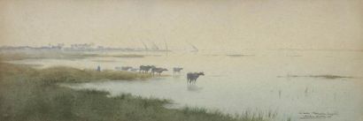 Nestor OUTER (belge, 1865 - 1930) Le Lac Menzala (Égypte), 1909 Aquarelle sur vélin...