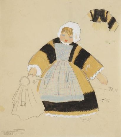 Andrée PÊCHE (XXe siècle) Fillette en costume breton, vers 1940 (?) Dessin à la gouache...