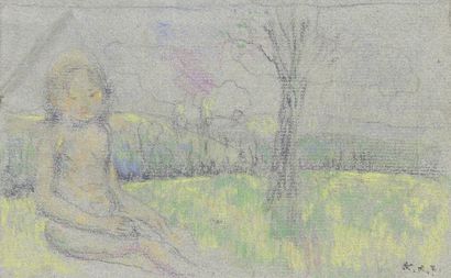 Kerr-Xavier ROUSSEL (1867-1944) Fillette nue assise dans un pré Dessin aux crayons...