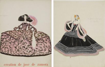 José de ZAMORA (1889-1971) Les Infantes, projets de costumes 2 dessins à l'aquarelle,...