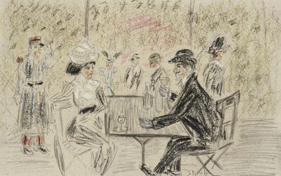Théophile Alexandre STEINLEN (1859-1923) Scène de café Dessin au pastel. Signé en...