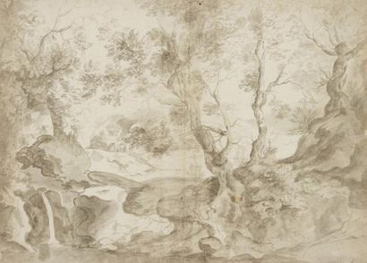 Attribué à Bartholomaus BREEBERG (1599-1659) Paysage de sous-bois à la source Lavis...