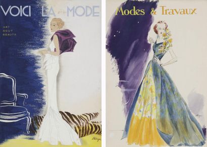 Léon BENIGNI (1892-1948) 2 Dessins pour "Voici la Mode" et "Modes et Travaux", vers...