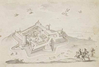 Lot de quatre dessins:École ITALIENNE du début du XVIIe siècle Vue cavalière d'une...