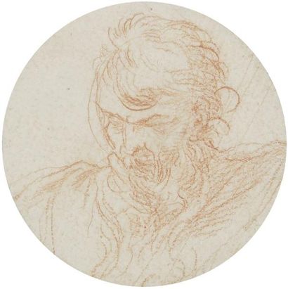 Attribué à Bartolomeo BISCAINO (1632-1657) Tête d'homme barbu Sanguine. Diamètre:...