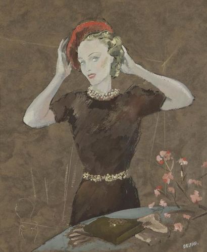 Louis DELFAU (1871-1937) Élégante au béret rouge Gouache. Signée en bas à droite....