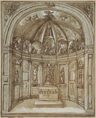 École ITALIENNE du XVIe siècle Intérieur de chapelle Plume et encre brune, lavis...