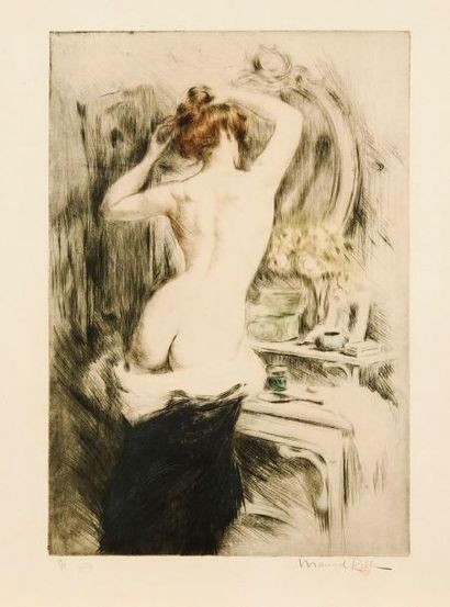 Manuel ROBBE (1872-1936) Femme nue de dos se coiffant. Vers 1900. Pointe sèche. 339 x 498....