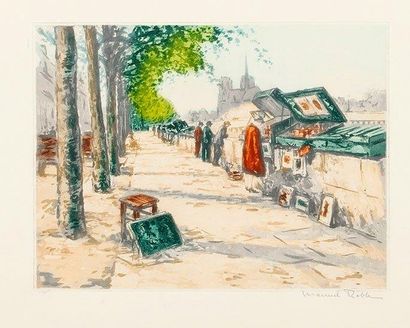 Manuel ROBBE (1872-1936) Les Bouquinistes. Vers 1920. Aquatinte. 395 x 296. Impression...