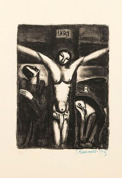 Georges ROUAULT (1871-1958) Christ en croix. 1925. Lithographie. 222 x 305. Chapon...