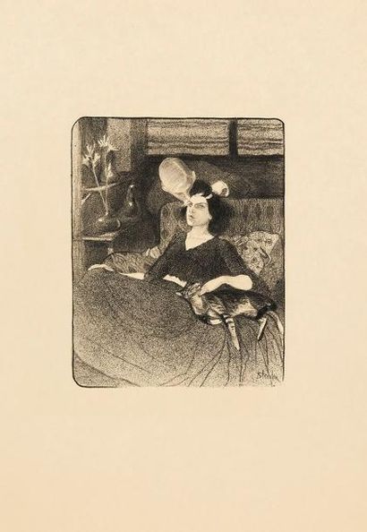 Théophile-Alexandre STEINLEN (1859-1923) Femme dans un intérieur avec un chat tigré;...