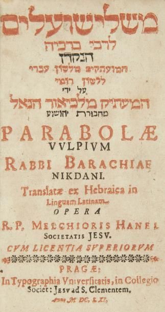 BARACHIAE RABBI Mishlei Shualim. Prague, 1761. In-8, reliure vélin, [18], 435, [1]...