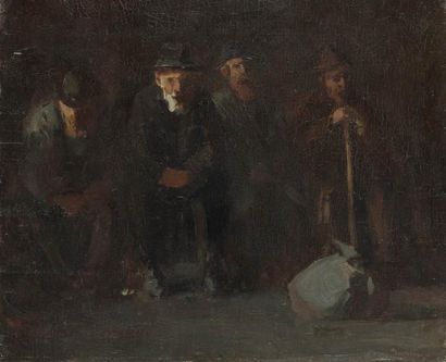 ÉCOLE HONGROISE Quatre hommes juifs assis Huile sur toile. Porte une signature en...