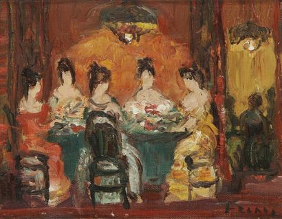 Isaac FRENKEL DIT FRENEL (1899-1981) Femmes autour de la table Huile sur toile. Signée...