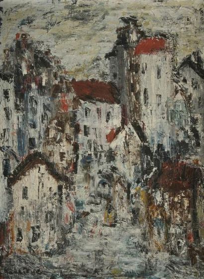 Michel Carel dit KOULICHE (né en 1922) Les Maisons aux toits rouges. Huile sur toile....