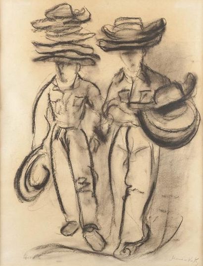 MANE-KATZ (1884-1962) Vendeurs de chapeaux Fusain. Signé en bas à droite. 65 x 50...