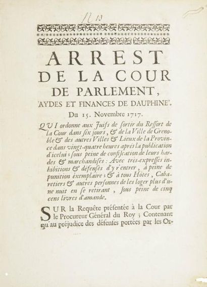 null [DAUPHINÉ] Arrêts de la Cour de parlement, Aydes et Finances de Dauphiné, du...