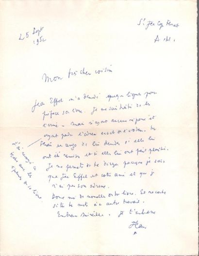 null Jean cocteau. 2 L.A.S. «Jean», Saint-Jean-Cap-Ferrat 1952-1953, [à Emmanuel...
