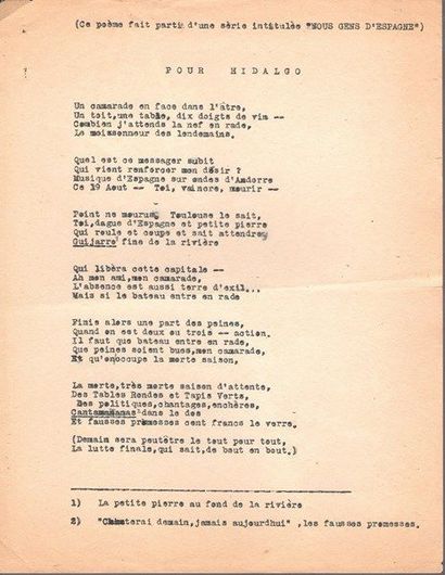null Nancy CUNARD (1896-1965). Tapuscrit de deux poèmes, Pour Hidalgo et Toro Contrabandista,...