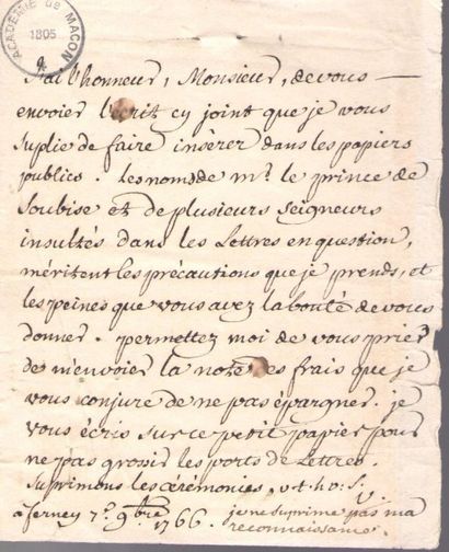 null VOLTAIRE. L.S. «V» avec une ligne autographe, Ferney 7 novembre 1766, à Antoine...